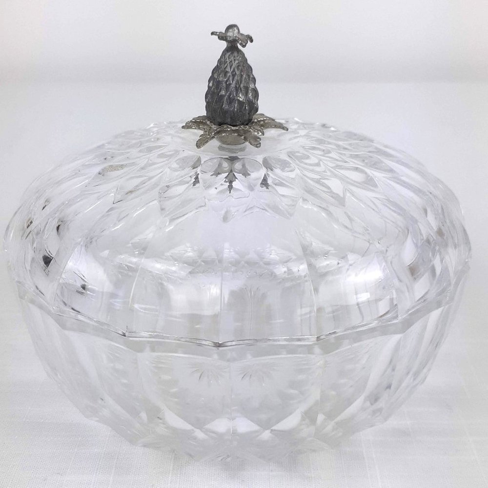 Val St Lambert Crystal Glass Covered Candy Dish Thistle Pineapple Finial Signed